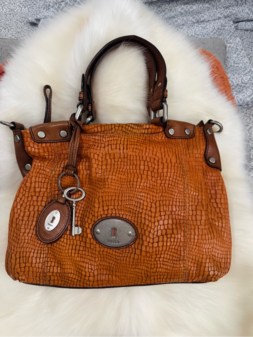 Orange Fossil Maddox Croc-Embossed Leather Satchel-Vintage Y2K Fossil